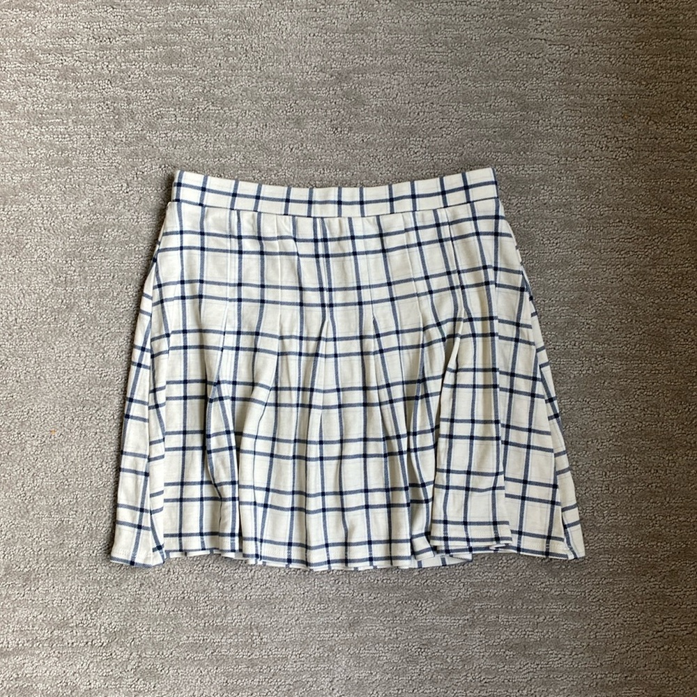 BP Cream and Blue Pleated Plaid Mini Skirt